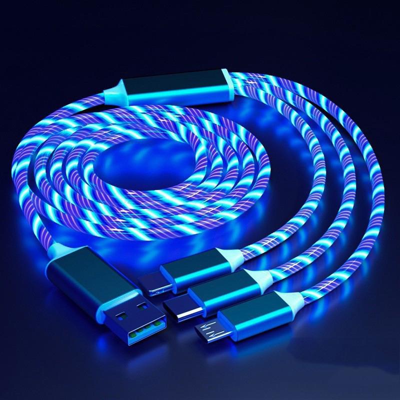 Leuchtendes LED-3-in-1-Kabel für Samsung Xiaomi iPhone, fließendes Streamer-Licht, Schnellladegerät, USB-C-Kabel, leuchtendes Typ-C-Kabel
