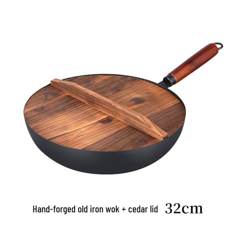 San Shu San Shen Traditional Iron Wok with Wood Lid