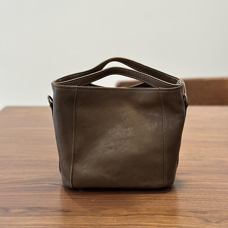 Johnature Genuine Leather Bucket Bag Casual Solid Color Women's Handbag Versatile Shoulder Crossbody Bag