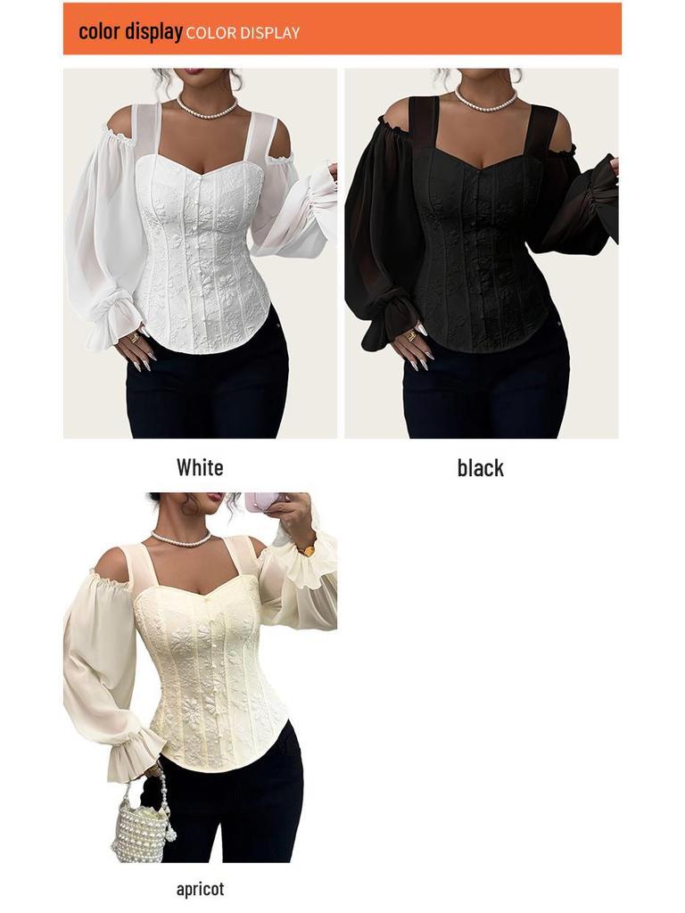 Women's Elegant Off-the-Shoulder Floral Jacquard Shirt - Square Neck, Long Sleeve, Slim Fit