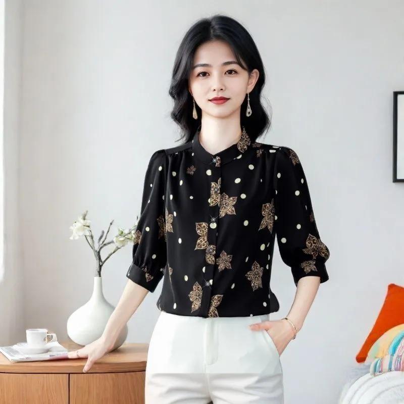 Counter Good Goods Cămășă de Mătase Hangzhou cu Mânecă Trei Sferturi Primăvară și Vară Nouă Bluză Largă Imprimată pentru Femei