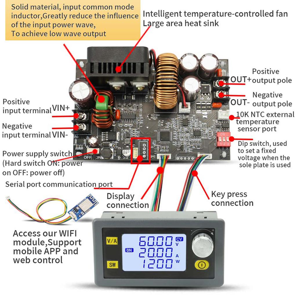 LCD Display Adjustable Direct Current Stabilized Voltage Power Supplys Constant Voltage and Constant Current 20A 1200W Step-down