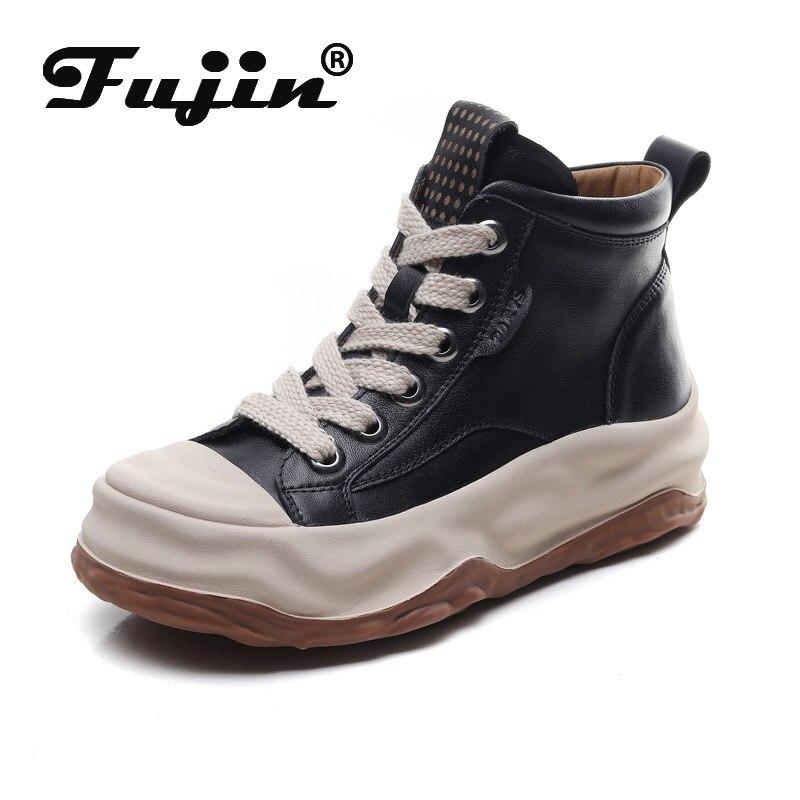 

Fujin ботильоны на платформе 5 см на танкетке без шнуровки в стиле ретро, ​​ботильоны, лоферы из натуральной кожи, осенне-весенние женские кроссовки