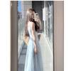 French Gentle Wind Blue Lace Suspender Dress Women's Summer Seaside Vacation Wind Waist Chic Long Dress