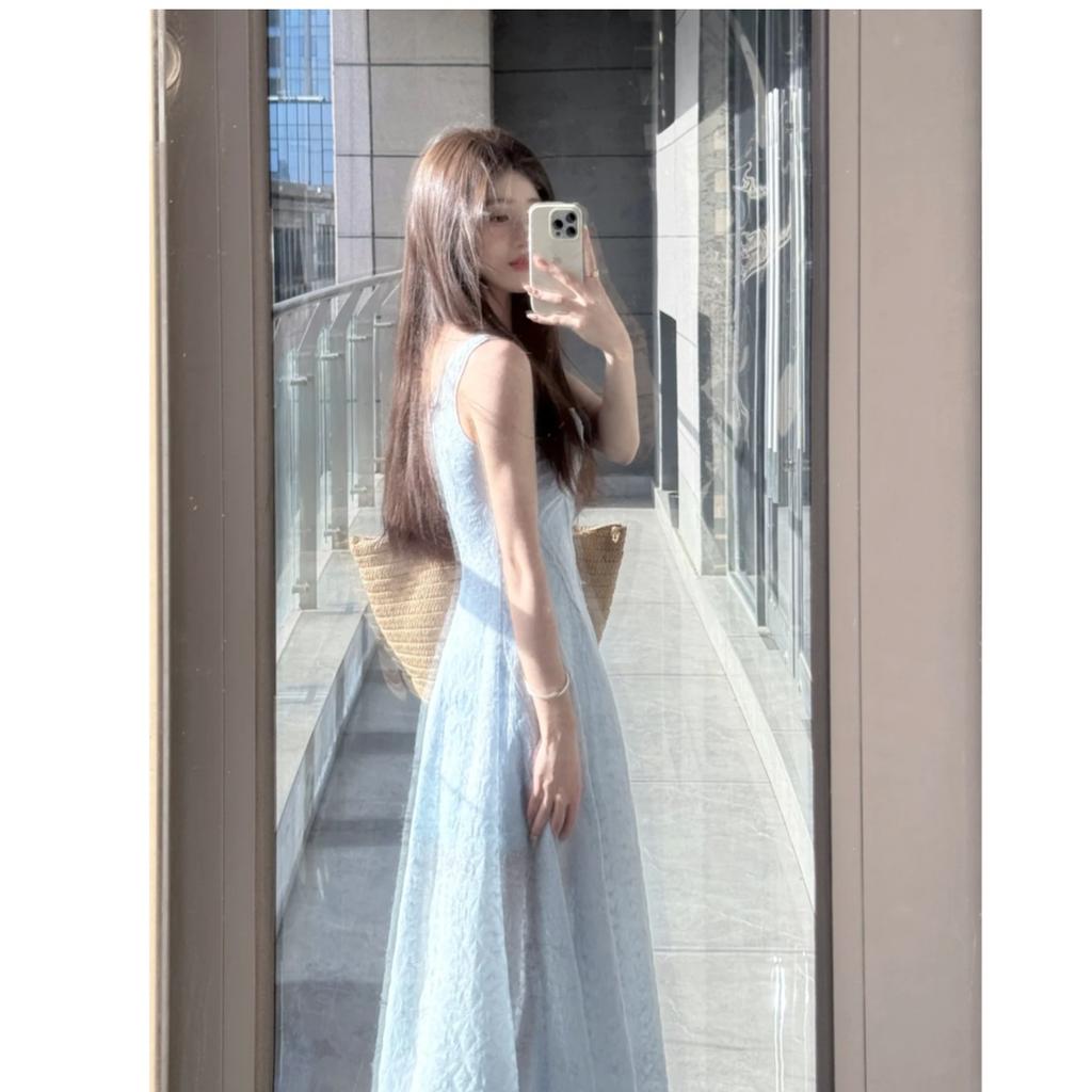French Gentle Wind Blue Lace Suspender Dress Women's Summer Seaside Vacation Wind Waist Chic Long Dress