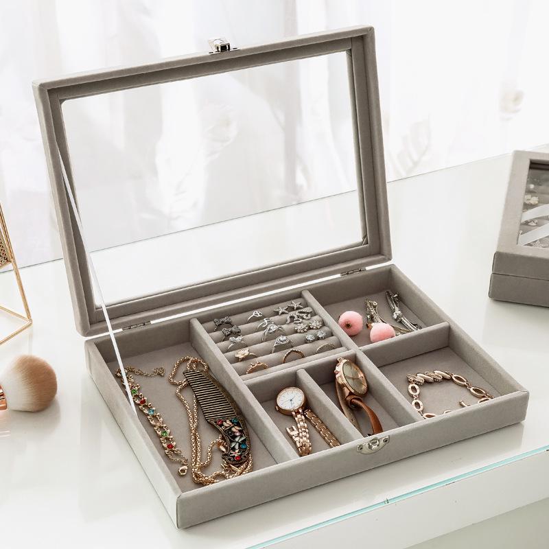 Pink Flocked Portable Jewelry Box with Lid - 316-Grit Dustproof Glass Ring & Earring Display