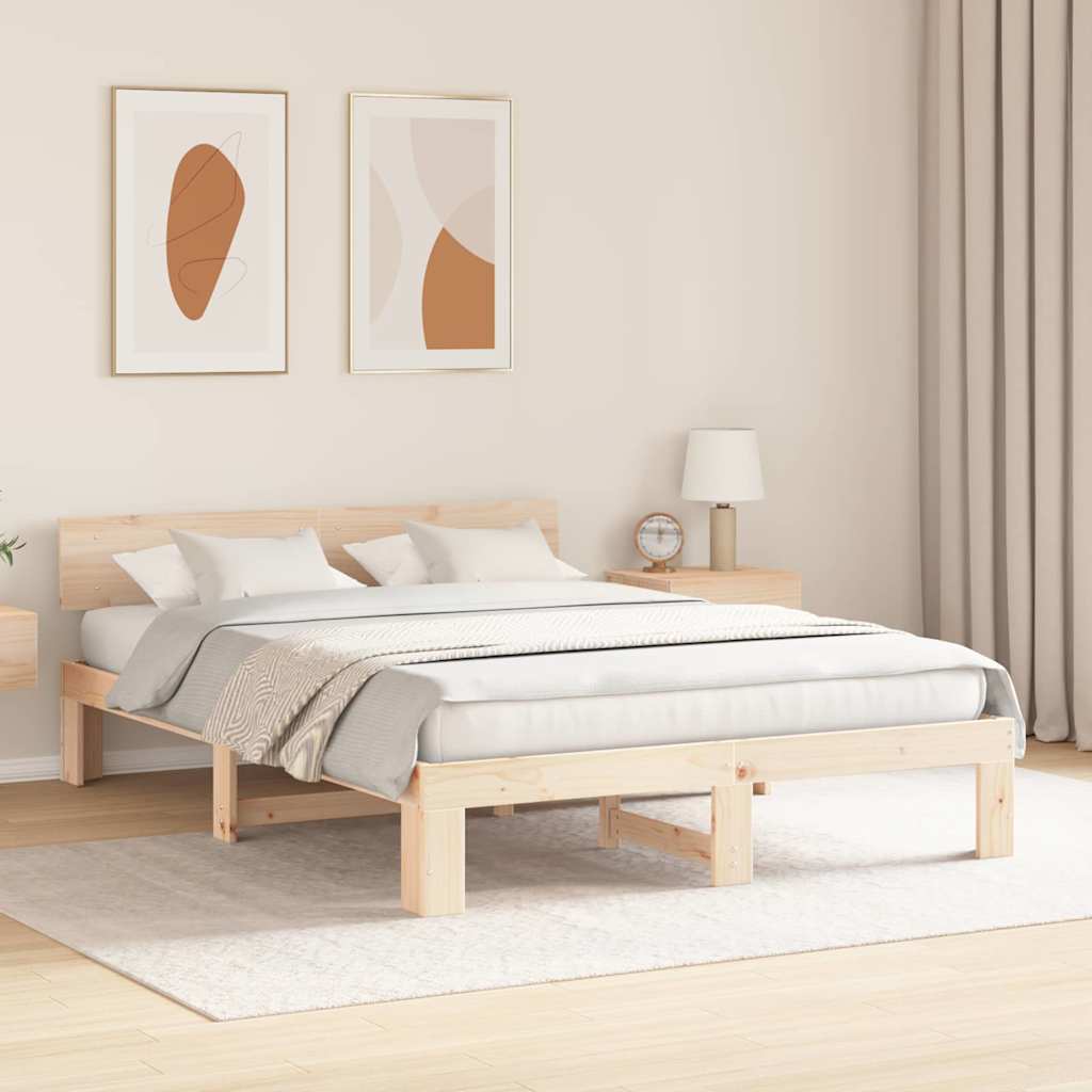 Natural Wooden Bed Frame with Headboard 140 x 200 cm Solid Pine Wood