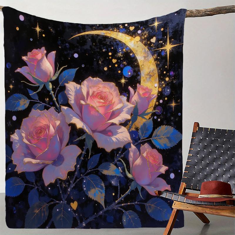 Rose Moon Print Blanket Soft Throw Blanket for Home Bedroom Bed Sofa Travel Office Solid Cover Blanket Valentine's Day