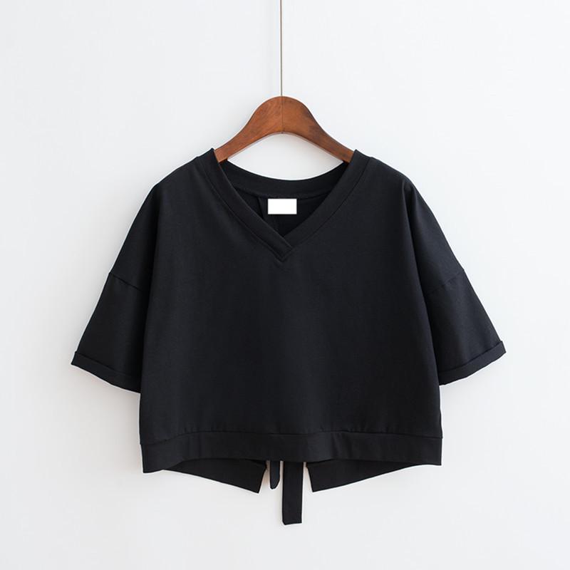 2024 Summer V-Neck Backless Split Solid Color Strap Tops for Female Students - Loose, Short-Sleeve T-Shirts