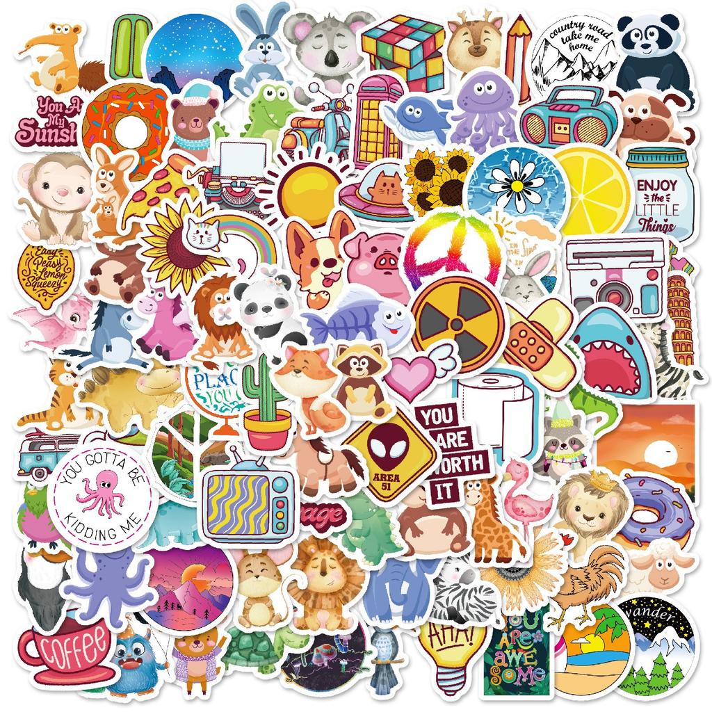 100 Cartoons, Fresh Animals, Flowers, Food, Mixed Stickers, Decorative Mobile Phone Tablet Waterproof