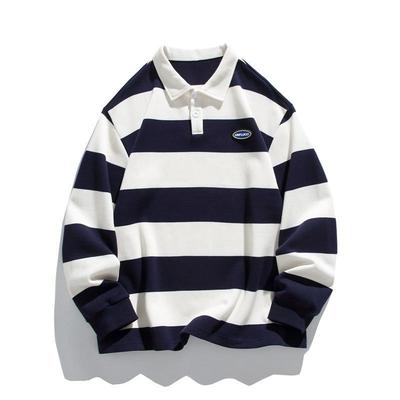 New Autumn Men's New Loose Striped Double-bead Floor Cotton Sweatshirt Lapel Long-sleeved POLO Shirt