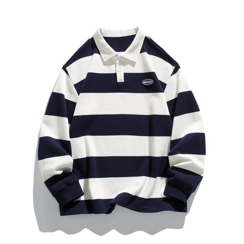 New Autumn Men's New Loose Striped Double-bead Floor Cotton Sweatshirt Lapel Long-sleeved POLO Shirt
