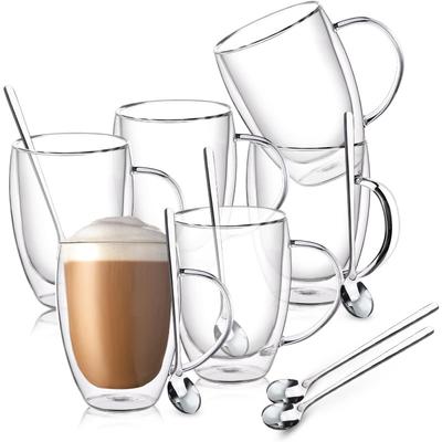 Doppelwandige Glas-Kaffeetassen, 12 oz Klare Kaffeetassen mit Henkel, Isolierte Glas-Kaffeetassen Set mit 6, Perfekt für Espresso