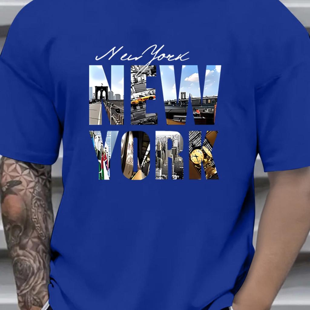 Mens Summer Cotton Fashion Casual Loose New York Pattern Print Sports Round Neck Shortsleeved Tshirt Top Casual Comfortable