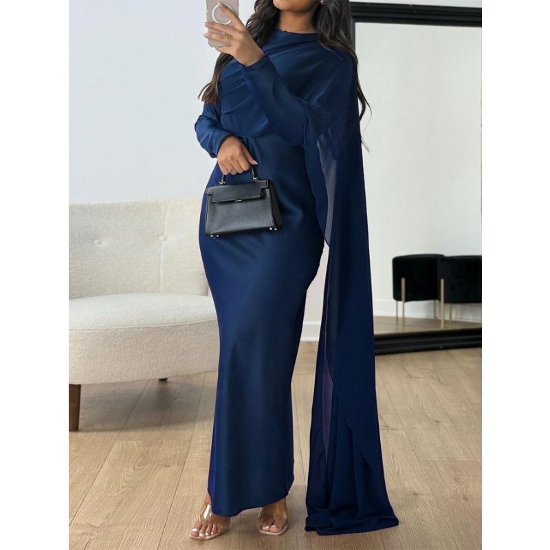 Women Navy Blue Cape Sleeve Mermaid Maxi Dress S