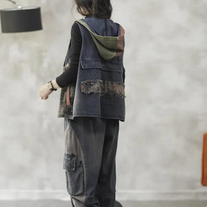 Kapuzenjeansweste Damen Frühling und Herbst Stitching Locker Literarisch Retro Reißverschluss Doppeltasche Waschung Weste