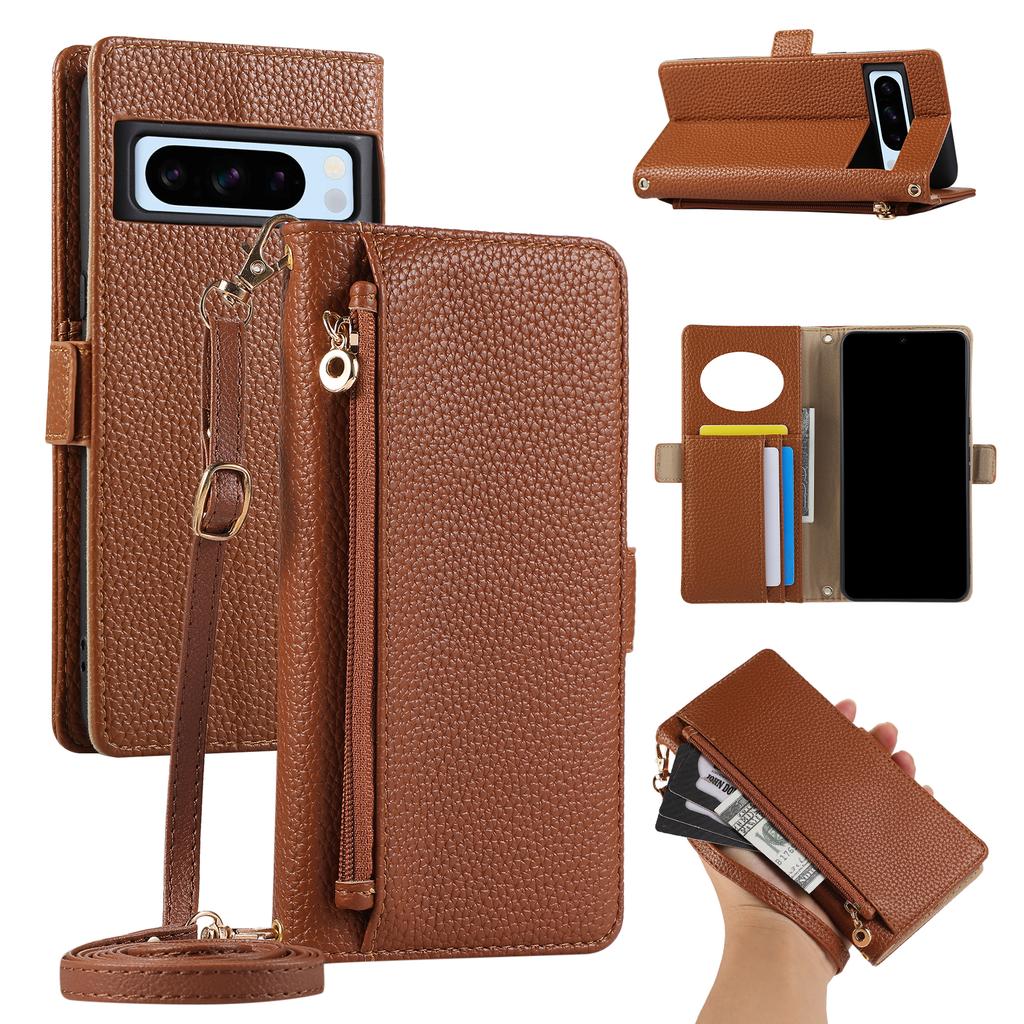 Crossbody Zipper Cards Solt Wallet Leather Case For Google Pixel 9 Pro XL 8 8A 7 7A 6 6A Makeup Mirror Long Lanyard Book Cover