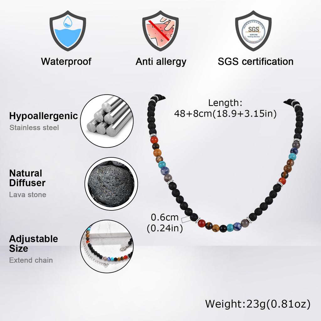 Boho Colorful Natural Stone Beaded Necklace, Vintage Trendy Stainless Steel Choker Necklace for Men, Waterproof Jewelry Gift