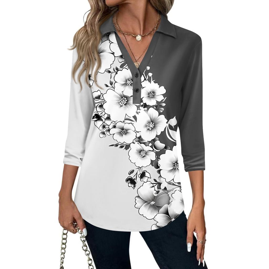 Women's Fashion Casual Lapel Short 3/4 Sleeve Print Shirt Women's V-Neck Button Tops