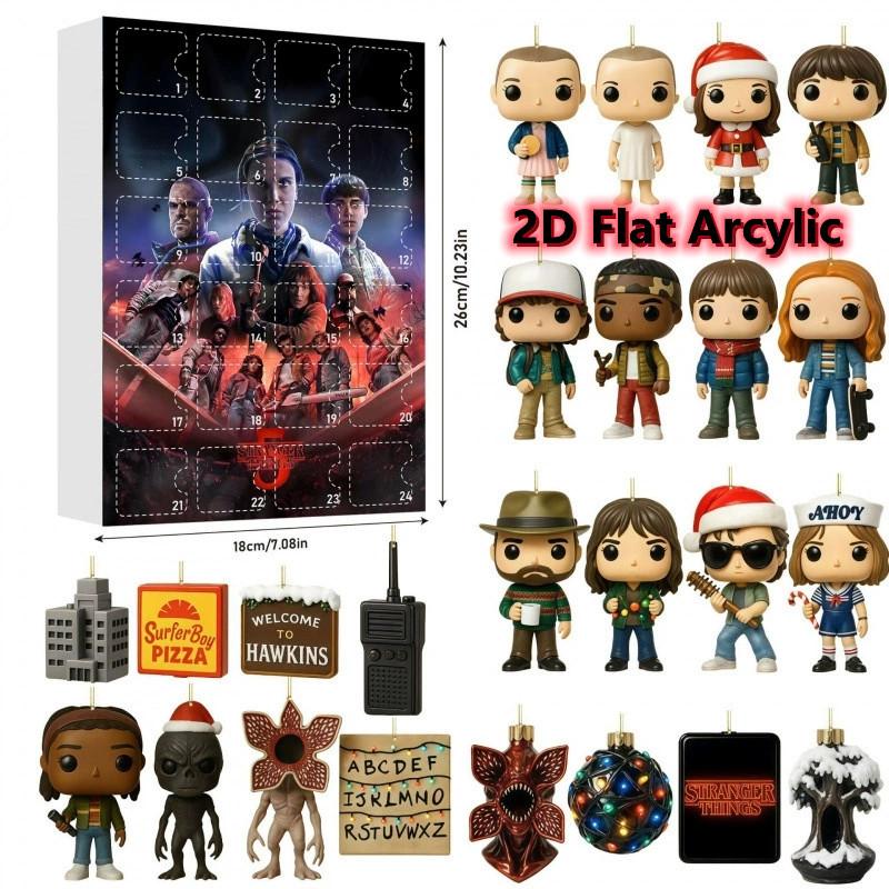 24 napos karácsonyi visszaszámláló naptár, 2D lapos Stranger karakterek és kiegészítők akasztható medál a Stranger dolgok rajongói számára
