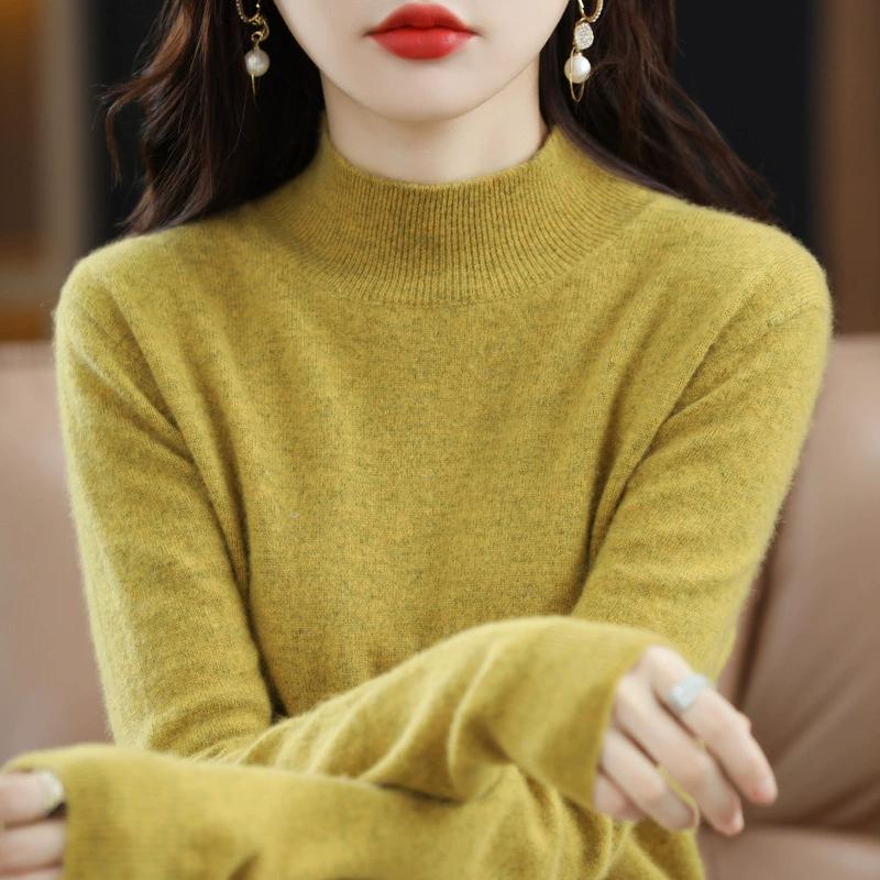 Half High Neck Fashionable Versatile Knitted Sweater for Women, Autumn and Winter Short Style Pullover, Solid Color Loose Sweater Base