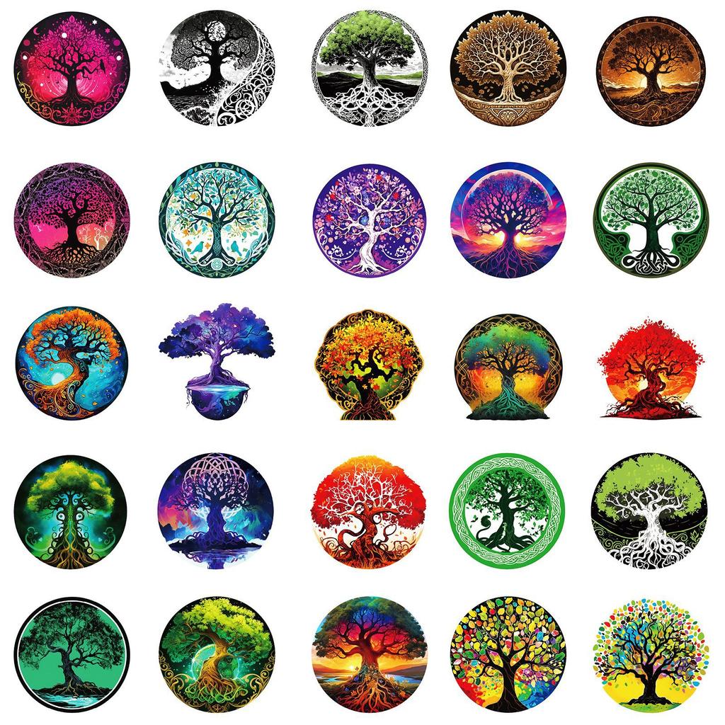 50 Sheets Of Tree Of Life Hand Account Literary Stickers Creative Totem Pattern Retro Mobile Phone Case Water Cup Computer Decorative Stickers