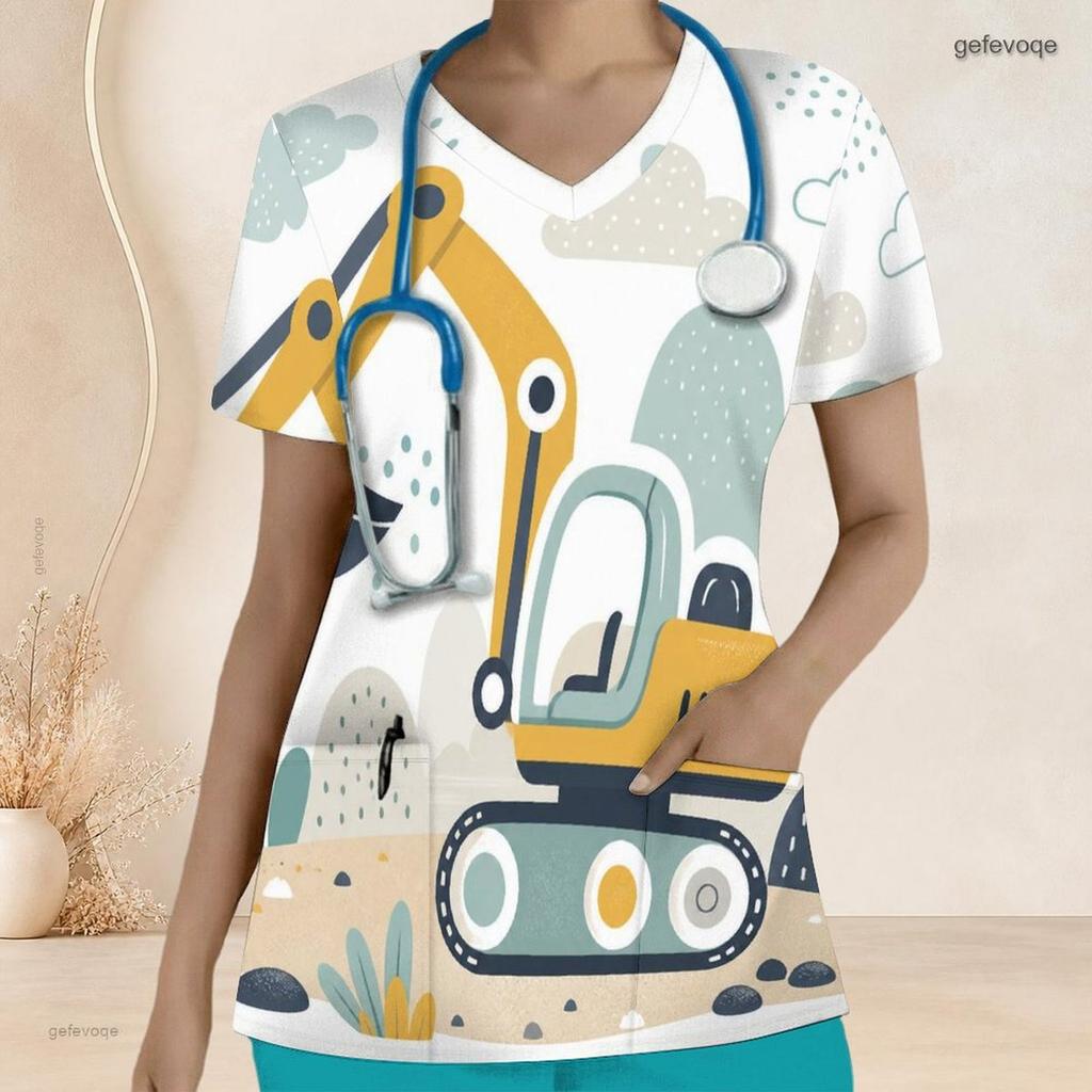 Women Plus Size V Neck Short Sleeve Scrub Top Leopard Heart Golden Feather Ornate Print Nurse Uniform Top