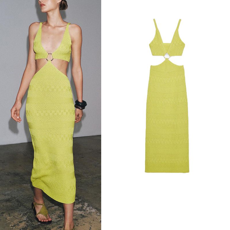 Summer New Product Women's Clothes Fashion Wind Metal Ring Decoration Cutout Sling Simple Knitting Dress 2756013
