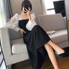 New Spring and Autumn Splicing Square Neck French Skirt Retro Mesh Skirt Long Sleeve Black Eugen Yarn Fried Street Dress Women