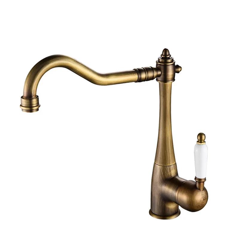 Antique Brass Kitchen Faucet Ceramic Handle Deck Mount Basin Sink Faucet 360 Rotate Mixer Taps Hot Cold Water Faucet Crane