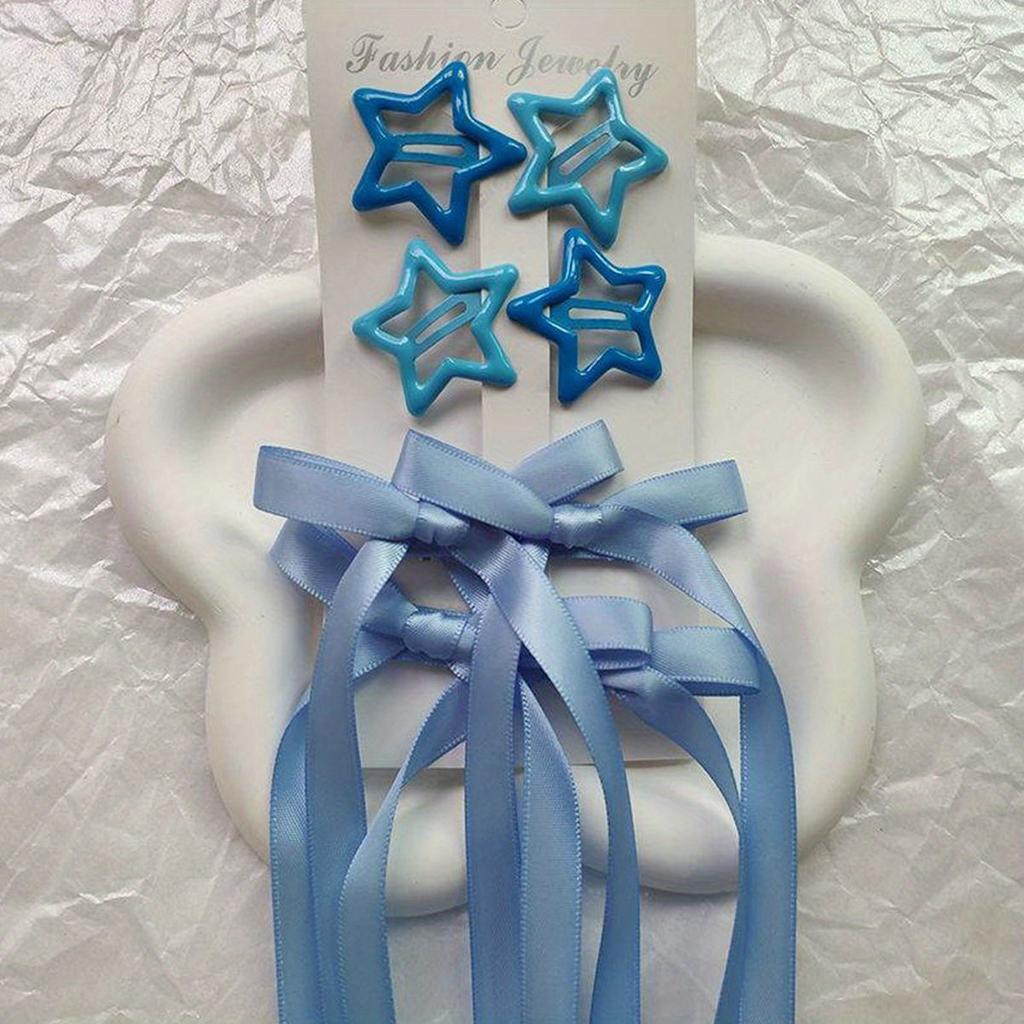 6-piece Set of Women's Hair Accessories, Starry and Bow Set, Ballet Style Bow Ribbon Ribbon Hair Clip, Double Ponytail Ribbon