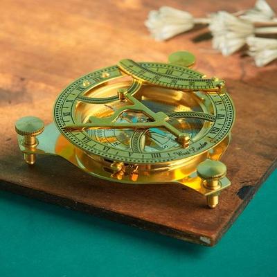 Brass Sundial Compass with Wood Box, Sun Clock, Best Gift For Him 7.62 Cm