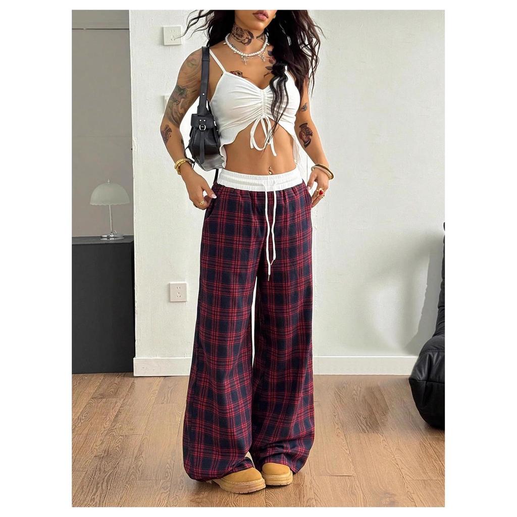 2025 Plaid Patchwork High Waist Straight-Leg Casual Pants