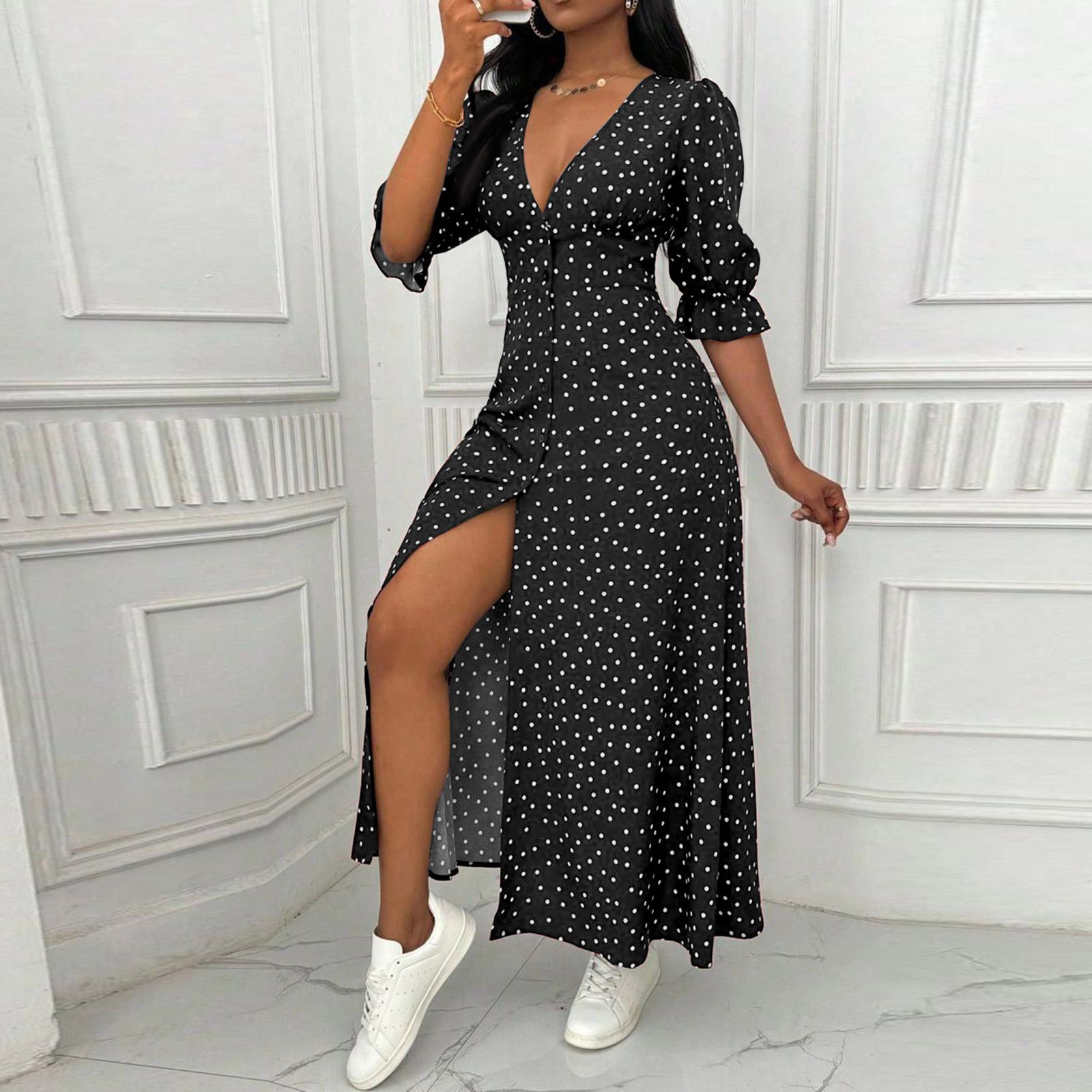 Women’s Polka Dot Deep V Neck Fitted Waist Ruffle Hem Split Dress for Casual and Formal Occasions S чёрный