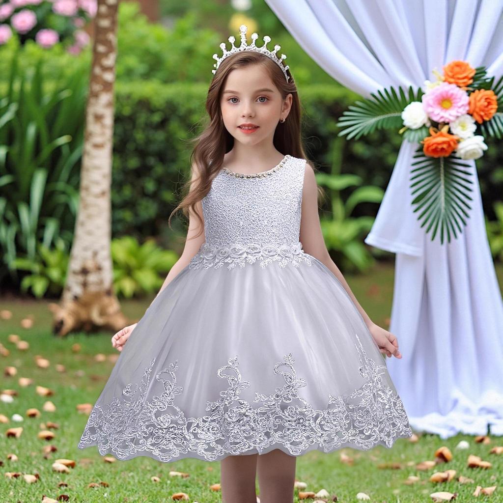 Vit ärmlös prinsessklänning med pärlor och puffig tyllkjol för småbarn 981