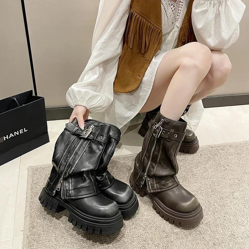 2024 New Shoes for Women Belt Buckle Women's Boot Side Zipp Modern Boots Women High Quality Round Toe Mid-Calf Zapatos