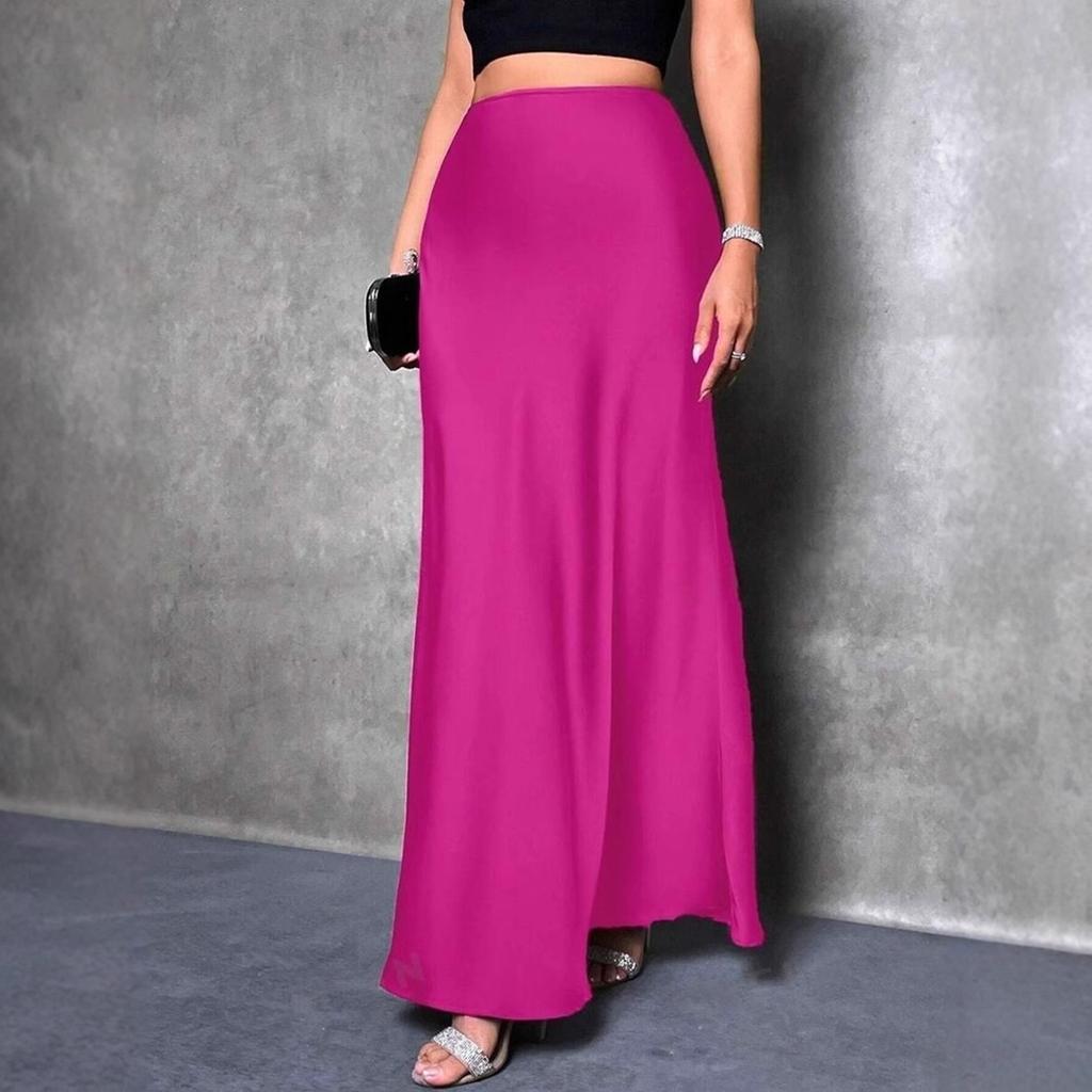 Women's Spring Summer Satin Silk-Like Half Skirt European American Style Simple Long Skirt