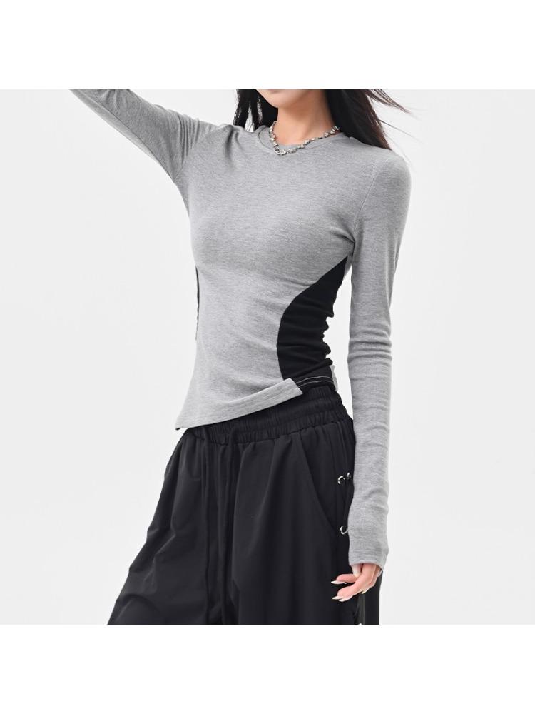 Thermal Velvet Color Block Round Neck Slim Fit Long Sleeve T-shirt for Women - Autumn Winter Waist-cinching Top
