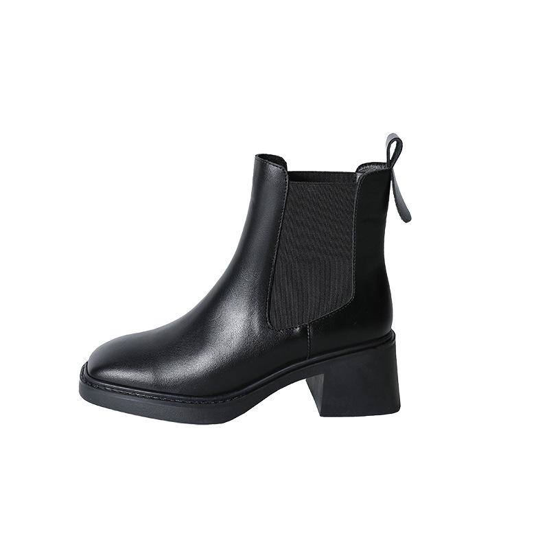 New square head British style short boots leather CM thick heel Chelsea boots children's black soft-soled Martin boots