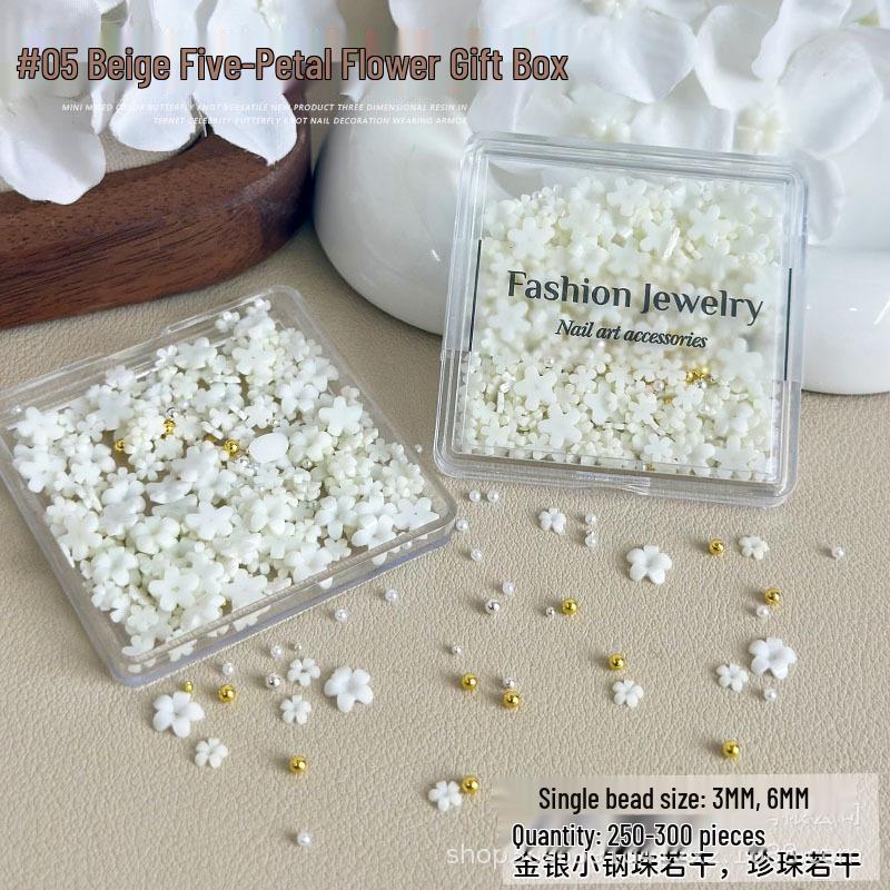 Vibrant 3D Five-Petal White Resin Flower Nail Art Accessories for DIY Manicure