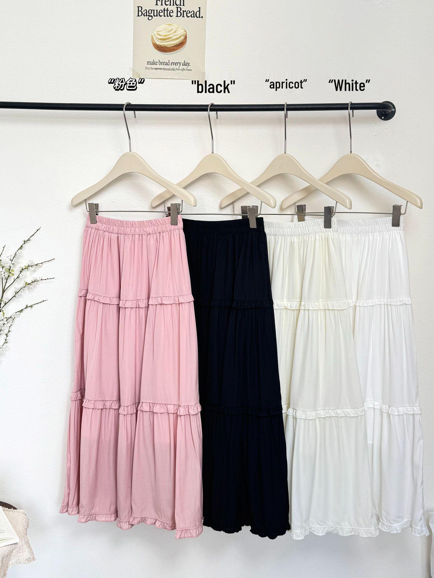 

2026 Spring/Summer Black Ruffle Layered Mid-Length A-Line Umbrella Skirt with Elastic Waist One Size рожевий