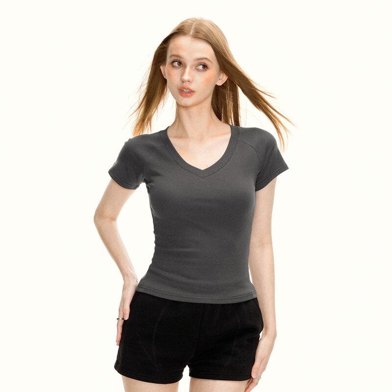 ICH MODE Women s Retro V-Neck Slim Fit Short-Sleeve T-Shirt S