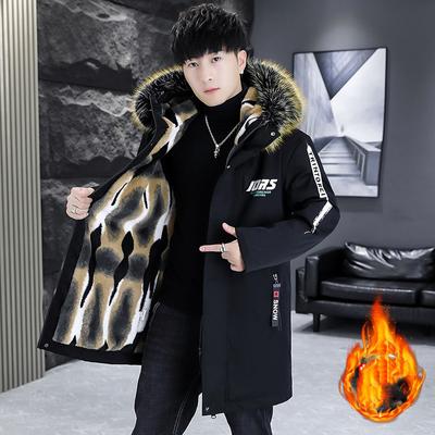 Men's Winter Letter Print Warm Parka Padded Thickened Long Outdoor Windproof Padded Jacket Fur Collar Hooded Jacket