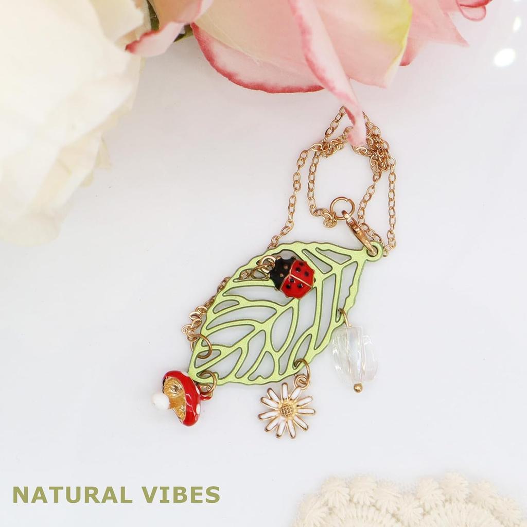 CASONA Car Hanging Decor,Lucky Rear View Mirror Dangling Car Charm,Handmade Ladybug Mushroom Daisy Leaf Boho Nature Decoration Ornament Gift for