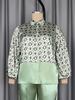 Plus Size Women's Geometric Satin Patchwork Suit - Flaw-Covering Shirt & Wide-Leg Pants Set