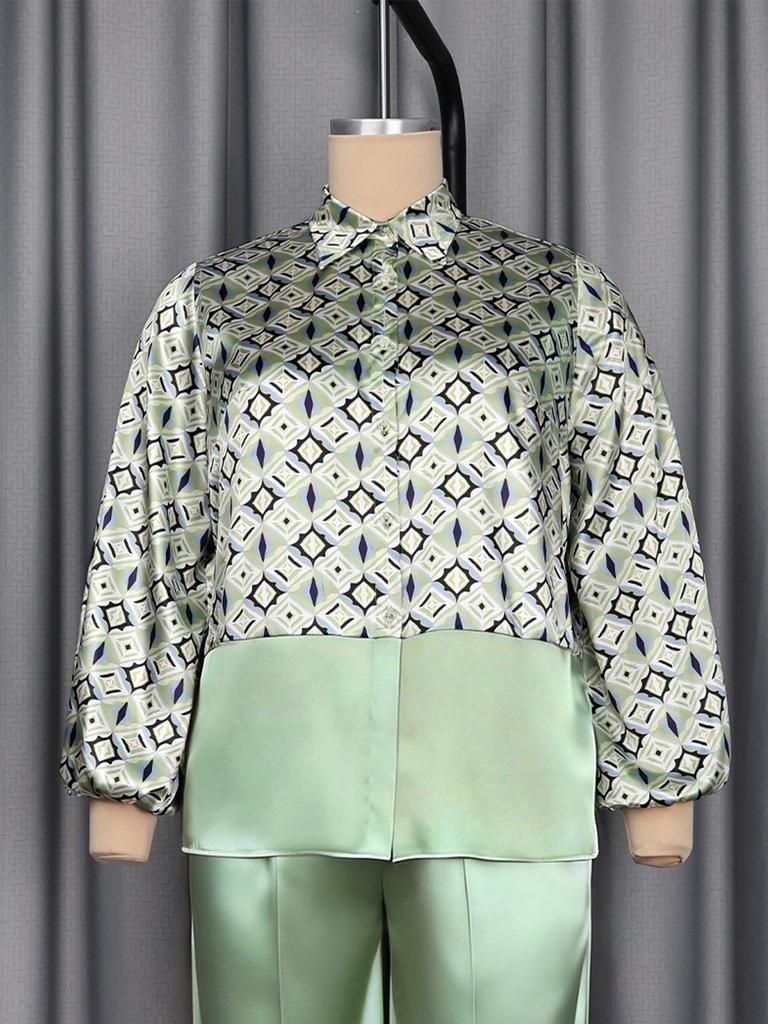 Plus Size Women's Geometric Satin Patchwork Suit - Flaw-Covering Shirt & Wide-Leg Pants Set