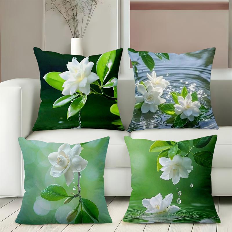 Green Jasmine Flower Pattern Decorative Throw Pillows Polyester Pillowcase, Sofa Decorative Cushion Cov Headboard Pillow