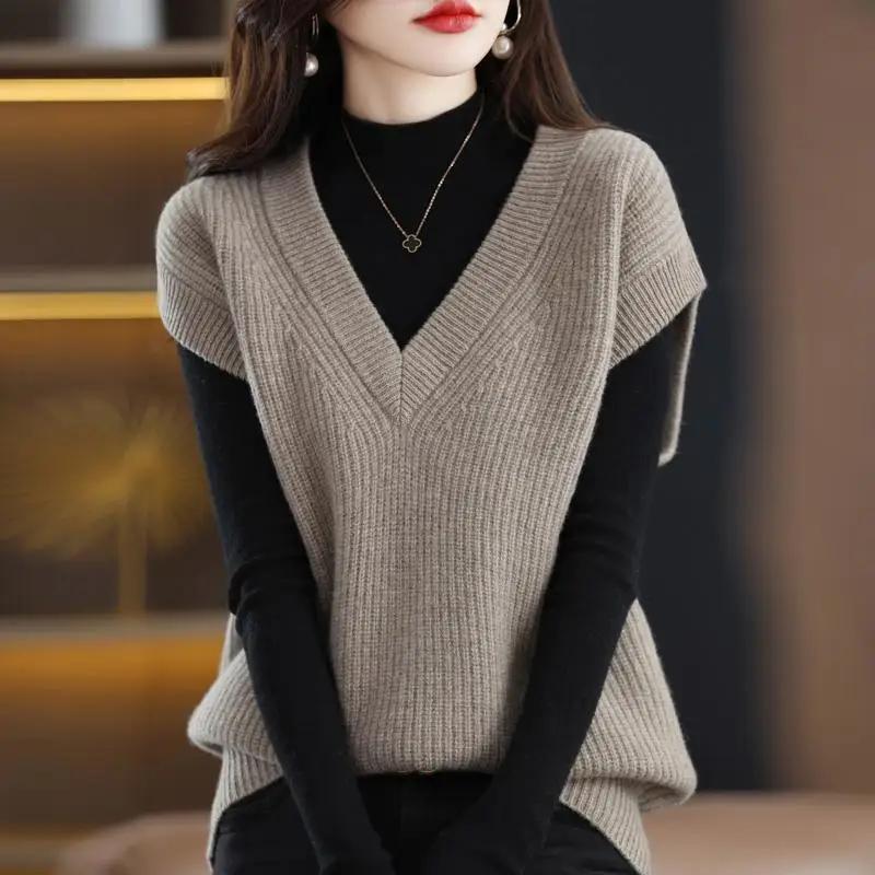Pull Femme Gilet Tricoté Pull Uni Style Coréen Vêtement Pull Gilet Décontracté Hauts