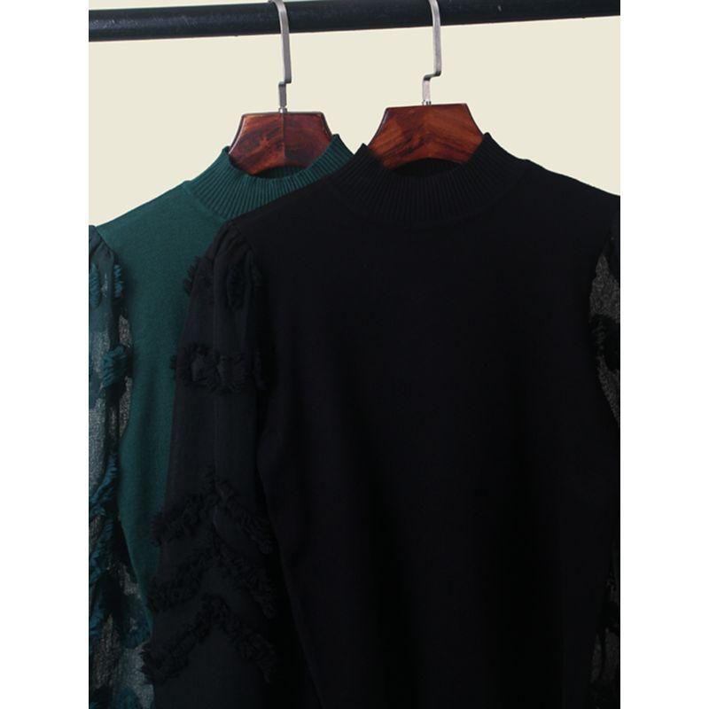 French Style Small Stand-up Collar Puff Sleeve Patchwork Knitting Bottoming Shirt Export Elegant Long Sleeve Pullover Top