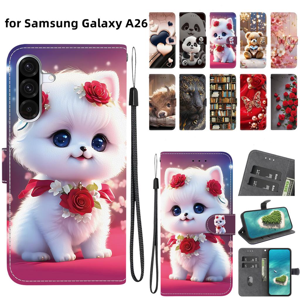 Étui à rabat en cuir PU fait main pour Samsung Galaxy A26 (SM-A266E)- Housse Antidérapante Antichoc avec Dragonne et Motifs Chat Cœur/Rose